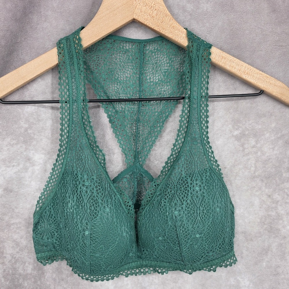 Victoria's Secret Womens Bralette Bra Size Medium Green Lace Racerback Padded